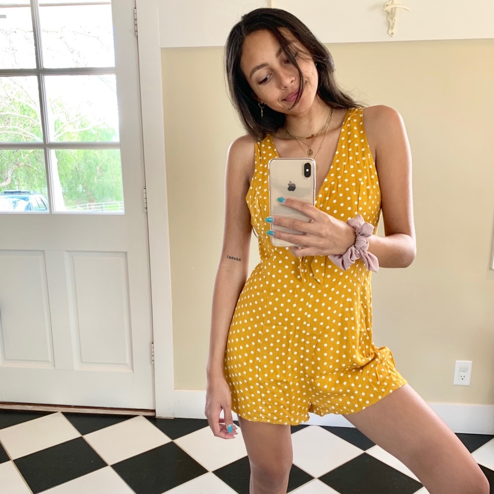 Yellow and white polka dot romper